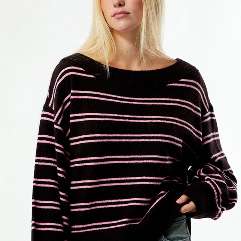 PacSun Black and Pink Striped Off-the-Shoulder Sweater